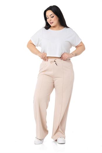 Büyük Beden Beli Lastikli ve İp Büzgülü Nervür Dikişli Bol Paça Bej Pantolon