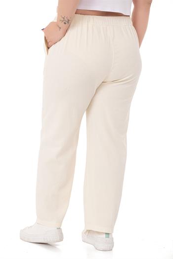 Plus Size Ecru Trousers with Elastic Waist and Drawstring Detail