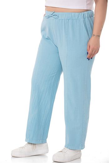 Plus Size Blue Trousers with Elastic Waist and Drawstring Detail