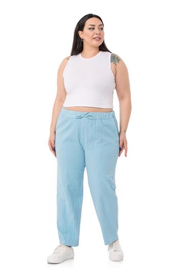 Plus Size Blue Trousers with Elastic Waist and Drawstring Detail