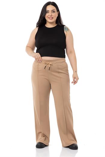 Plus Size Mink Wide Leg Trousers with Elastic Waist and Drawstring and Ribbed Stitching