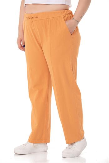 Plus Size Mustard Trousers with Elastic Waist and Rope Gather Detail