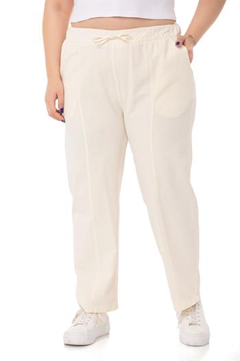 Plus Size Ecru Trousers with Elastic Waist and Drawstring Detail