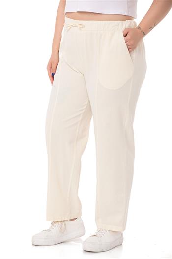 Plus Size Ecru Trousers with Elastic Waist and Drawstring Detail
