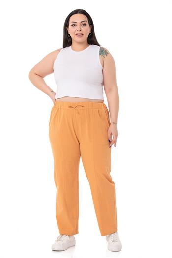 Plus Size Mustard Trousers with Elastic Waist and Rope Gather Detail