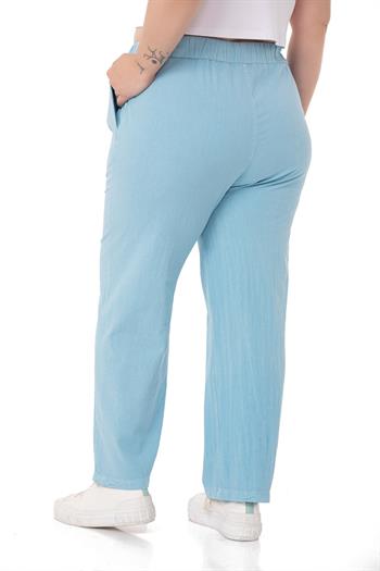 Plus Size Blue Trousers with Elastic Waist and Drawstring Detail