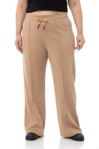 Plus Size Mink Wide Leg Trousers with Elastic Waist and Drawstring and Ribbed Stitching