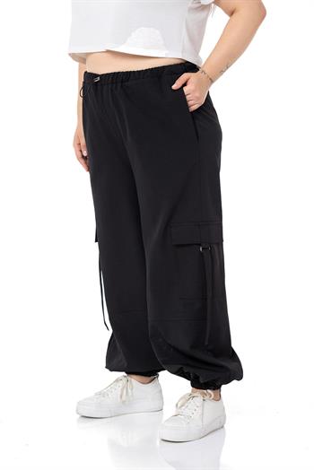 Plus Size Black Parachute Trousers with Elastic Waist and Legs and Cargo Pocket