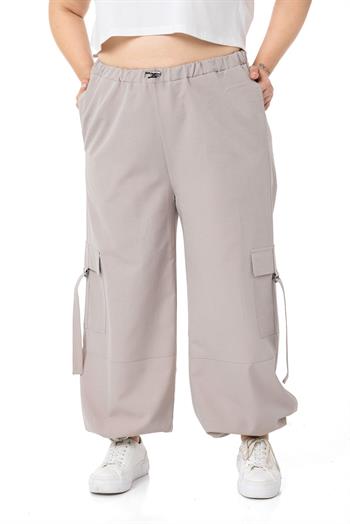 Plus Size Stone Parachute Trousers with Elastic Waist and Legs and Cargo Pocket