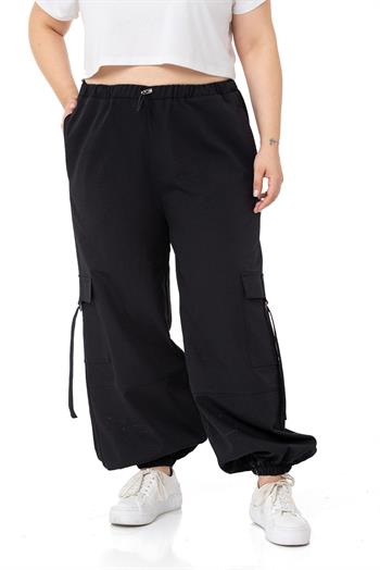 Plus Size Black Parachute Trousers with Elastic Waist and Legs and Cargo Pocket