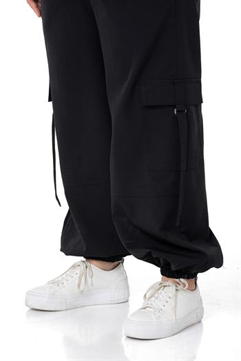 Plus Size Black Parachute Trousers with Elastic Waist and Legs and Cargo Pocket