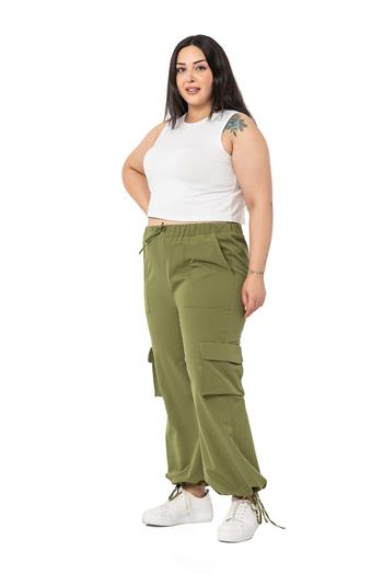 Plus Size Drawstring Detailed Cargo Pocket Parachute Khaki Trousers