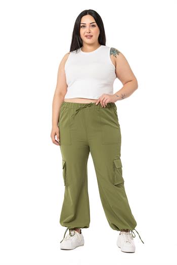 Plus Size Drawstring Detailed Cargo Pocket Parachute Khaki Trousers