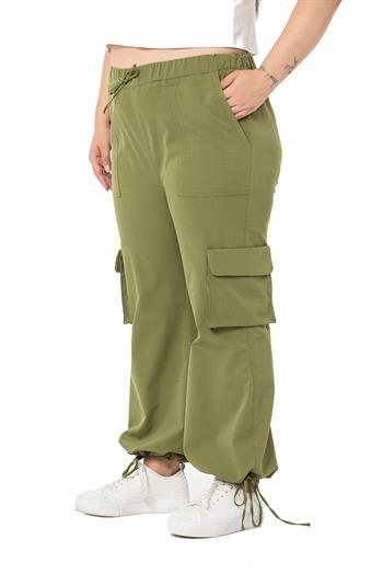 Plus Size Drawstring Detailed Cargo Pocket Parachute Khaki Trousers