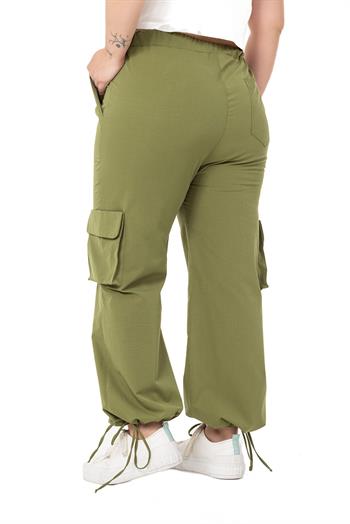 Plus Size Drawstring Detailed Cargo Pocket Parachute Khaki Trousers