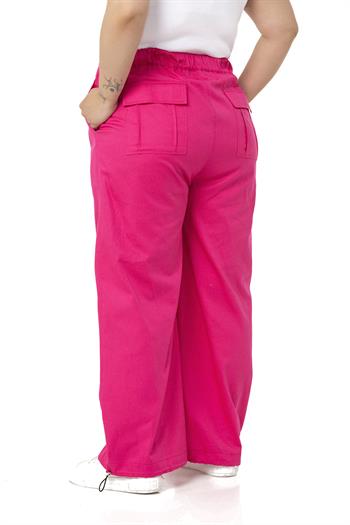 Plus Size Wide Leg Tie Detailed Gabardine Fuchsia Trousers