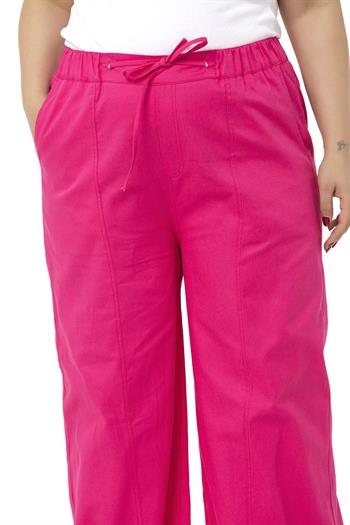 Plus Size Wide Leg Tie Detailed Gabardine Fuchsia Trousers