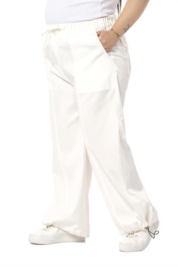Plus Size Wide Leg Tie Detailed Gabardine White Trousers