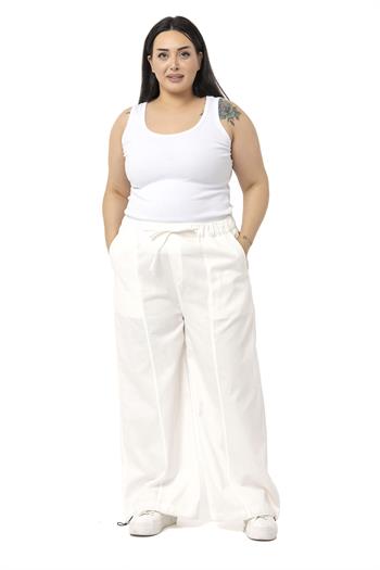 Plus Size Wide Leg Tie Detailed Gabardine White Trousers