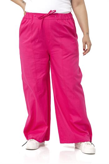 Plus Size Wide Leg Tie Detailed Gabardine Fuchsia Trousers