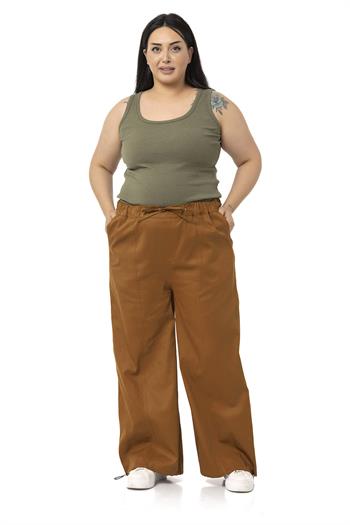 Plus Size Wide Leg Tie Detailed Gabardine Cinnamon Trousers