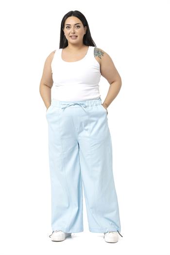 Plus Size Wide Leg Tie Detailed Gabardine Baby Blue Trousers