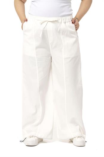 Plus Size Wide Leg Tie Detailed Gabardine White Trousers