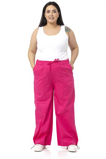 Plus Size Wide Leg Tie Detailed Gabardine Fuchsia Trousers