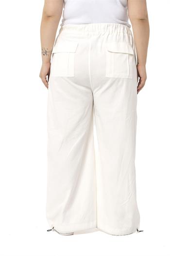 Plus Size Wide Leg Tie Detailed Gabardine White Trousers