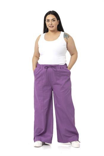 Plus Size Wide Leg Tie Detailed Gabardine Purple Trousers
