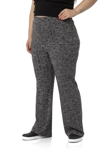 Büyük Beden Geniş Paça Beli Lastikli Fitilli Triko Siyah Pantolon