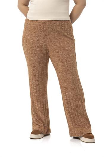 Büyük Beden Geniş Paça Beli Lastikli Fitilli Triko Kahverengi Pantolon