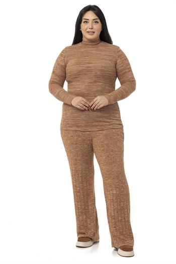 Büyük Beden Geniş Paça Beli Lastikli Fitilli Triko Kahverengi Pantolon