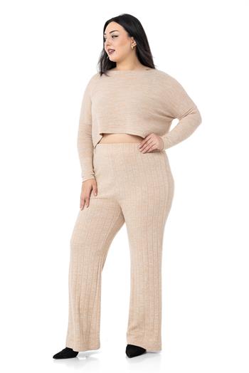 Büyük Beden Geniş Paça Beli Lastikli Fitilli Triko Bej Rengi Pantolon