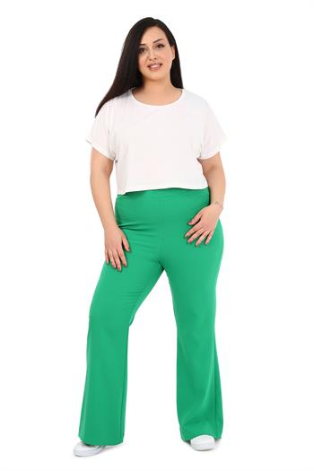 Büyük Beden Geniş Paça Fermuar Kapamalı Cep Detaylı Yeşil Pantolon