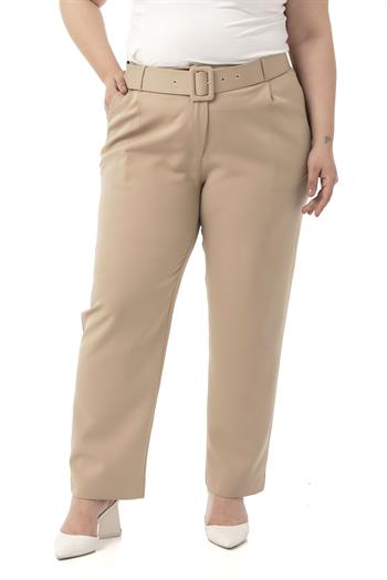 Büyük Beden Önü Pileli Cepli Kemerli Vizon Pantolon