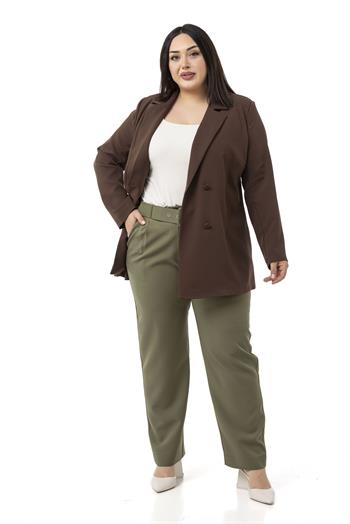 Büyük Beden Önü Pileli Cepli Kemerli Haki Pantolon
