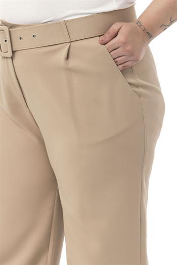 Büyük Beden Önü Pileli Cepli Kemerli Vizon Pantolon
