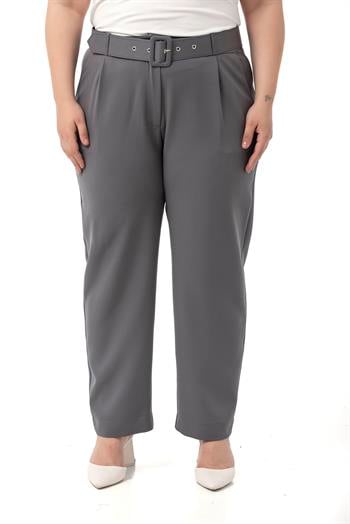 Büyük Beden Önü Pileli Cepli Kemerli Antrasit Pantolon