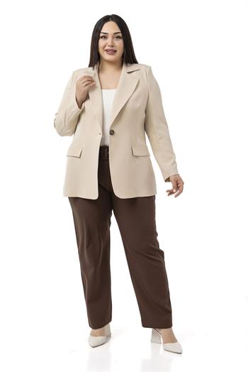 Büyük Beden Önü Pileli Cepli Kemerli Kahverengi Pantolon