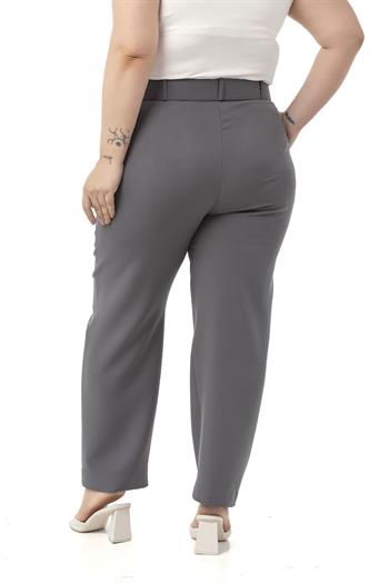 Büyük Beden Önü Pileli Cepli Kemerli Antrasit Pantolon