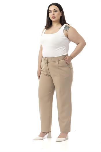 Büyük Beden Önü Pileli Cepli Kemerli Vizon Pantolon