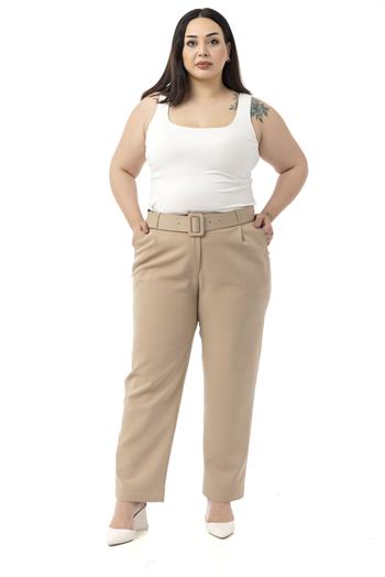 Büyük Beden Önü Pileli Cepli Kemerli Vizon Pantolon