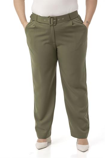 Büyük Beden Önü Pileli Cepli Kemerli Haki Pantolon