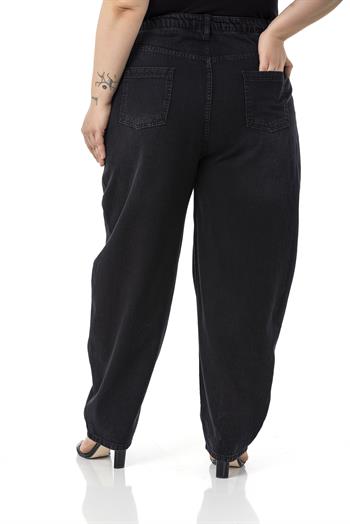 Büyük Beden Önü Pileli Yarım Balon Kesim Beli Arkadan Lastikli Cepli Denim Siyah Pantolon