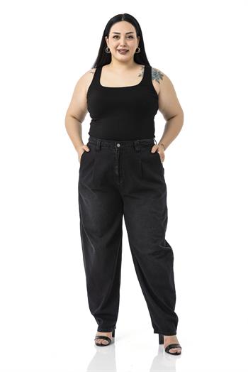 Büyük Beden Önü Pileli Yarım Balon Kesim Beli Arkadan Lastikli Cepli Denim Siyah Pantolon