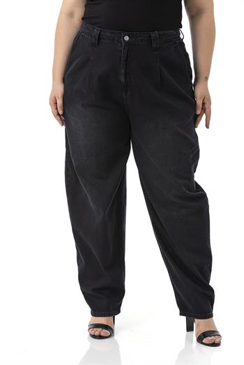 Büyük Beden Önü Pileli Yarım Balon Kesim Beli Arkadan Lastikli Cepli Denim Siyah Pantolon