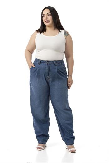 Büyük Beden Önü Pileli Yarım Balon Kesim Beli Arkadan Lastikli Cepli Denim Mavi Pantolon