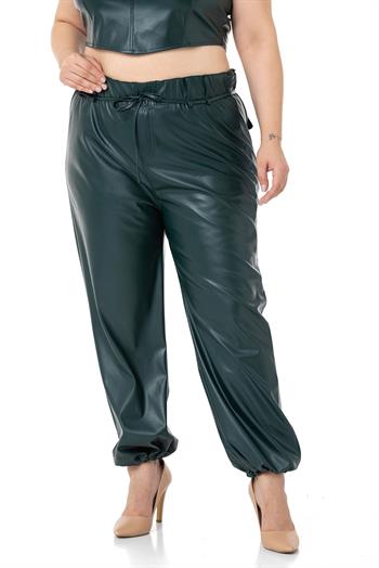 Büyük Beden Paçası Büzgü Detaylı Deri Haki Pantolon