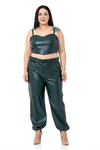 Büyük Beden Paçası Büzgü Detaylı Deri Haki Pantolon